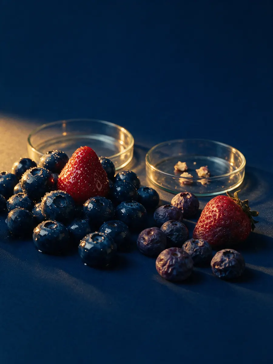 Coated and uncoated berries laid out side by side beside glass petri dishes as a shelf-life comparison