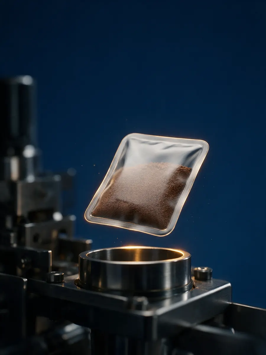A transparent water-soluble sachet of coffee grounds suspended above the polished forming collar of a vertical form-fill-seal machine