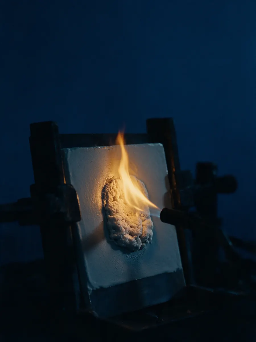 A blowtorch flame against a clamped steel panel in an intumescent fire-protection coating, the coating swelling into char where the flame lands