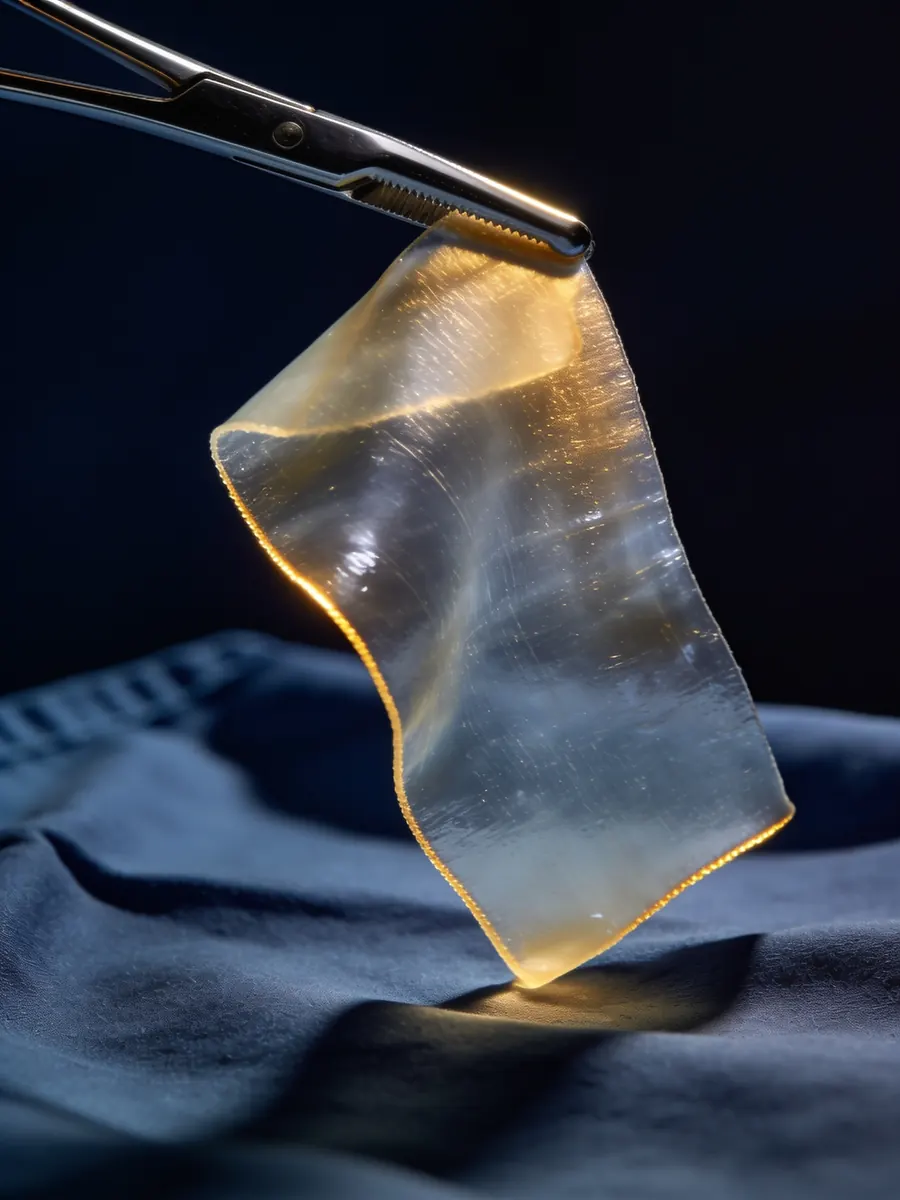 A translucent polymer wound-dressing film held in stainless-steel forceps over a sterile drape