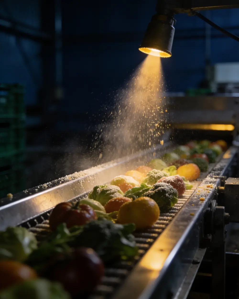 A fine mist of coating falling over produce on a packhouse conveyor