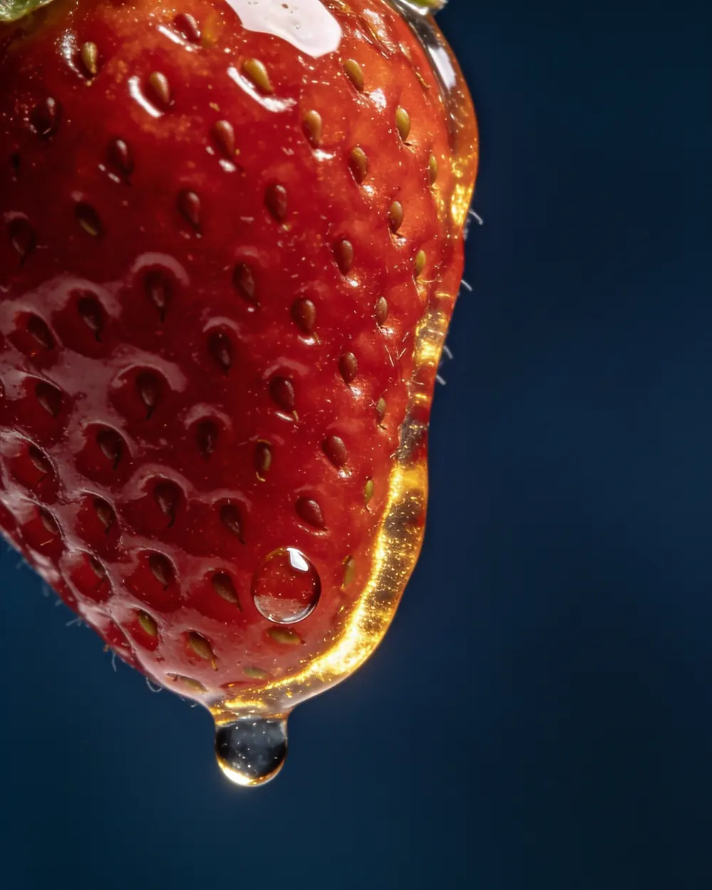 Macro of a strawberry under a glossy edible coating, one bead of water on the surface