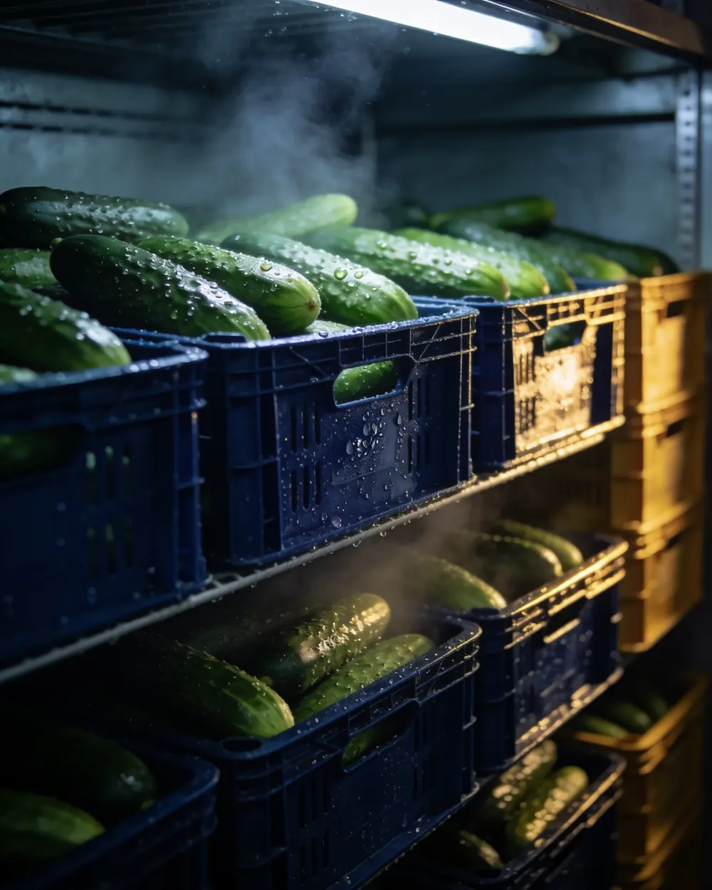 Stacked crates of cucumbers in a refrigerated store