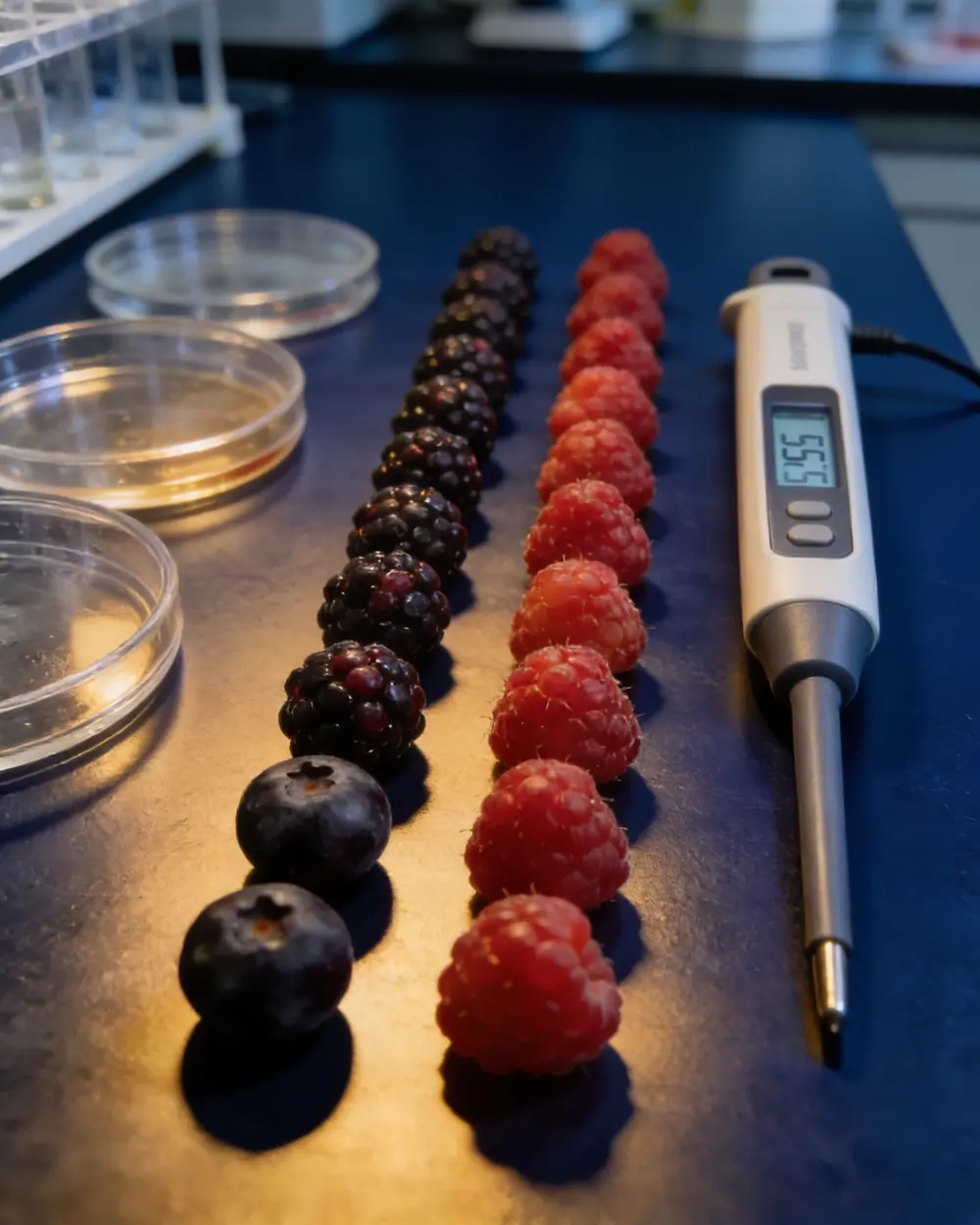 Coated and uncoated berries laid out for a shelf-life comparison