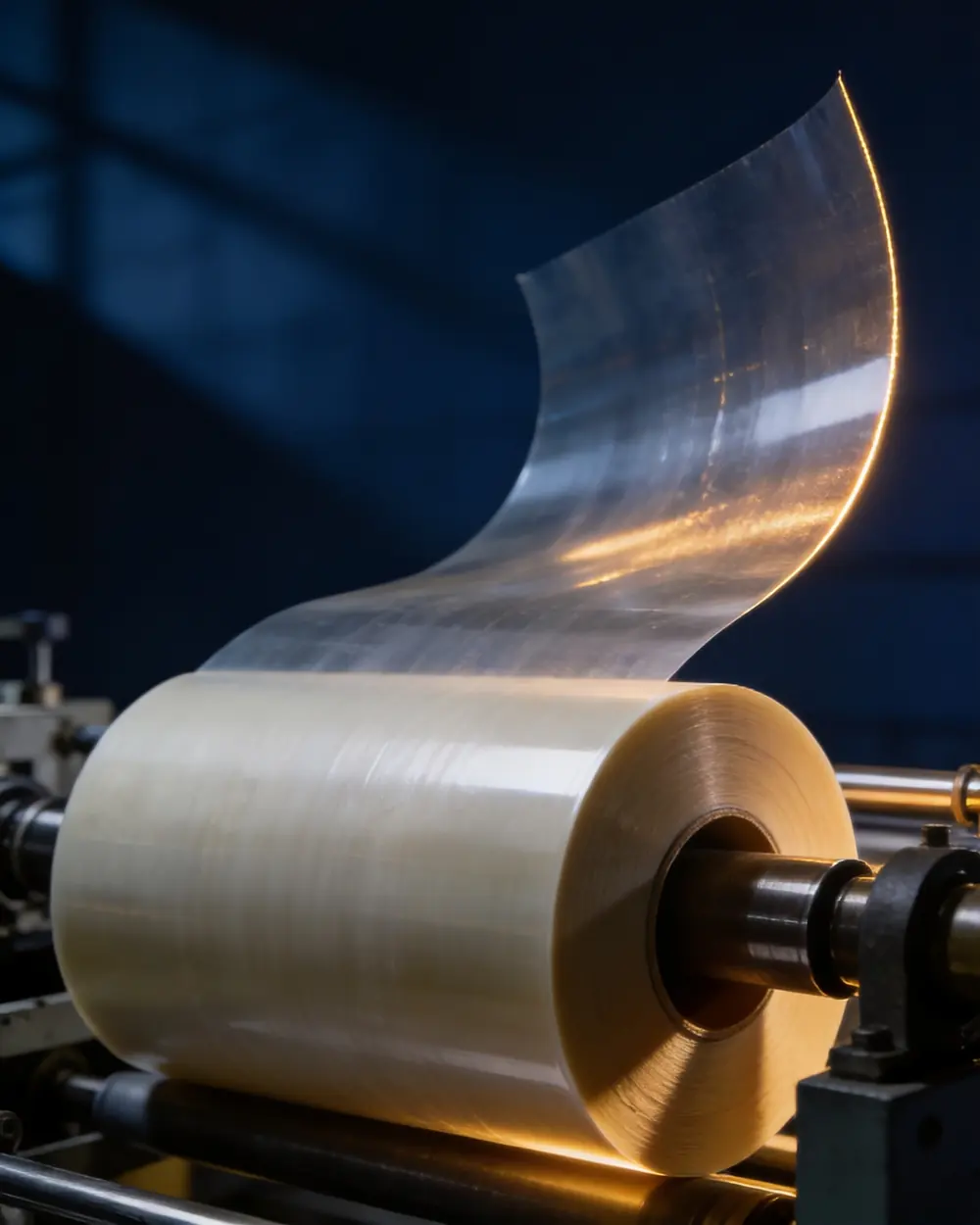 A wide roll of translucent bio-based film on a converting line