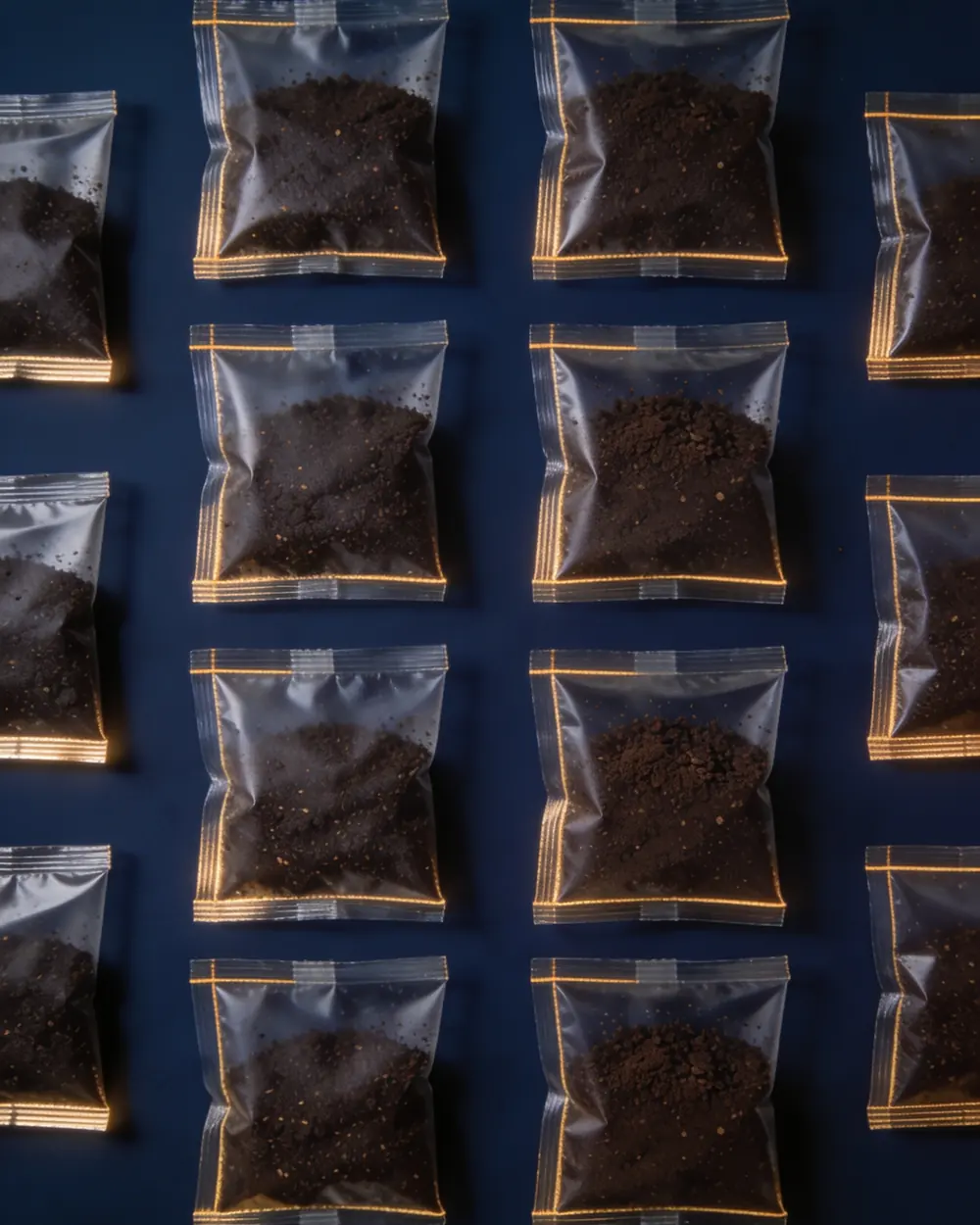 A grid of filled water-soluble sachets seen from above