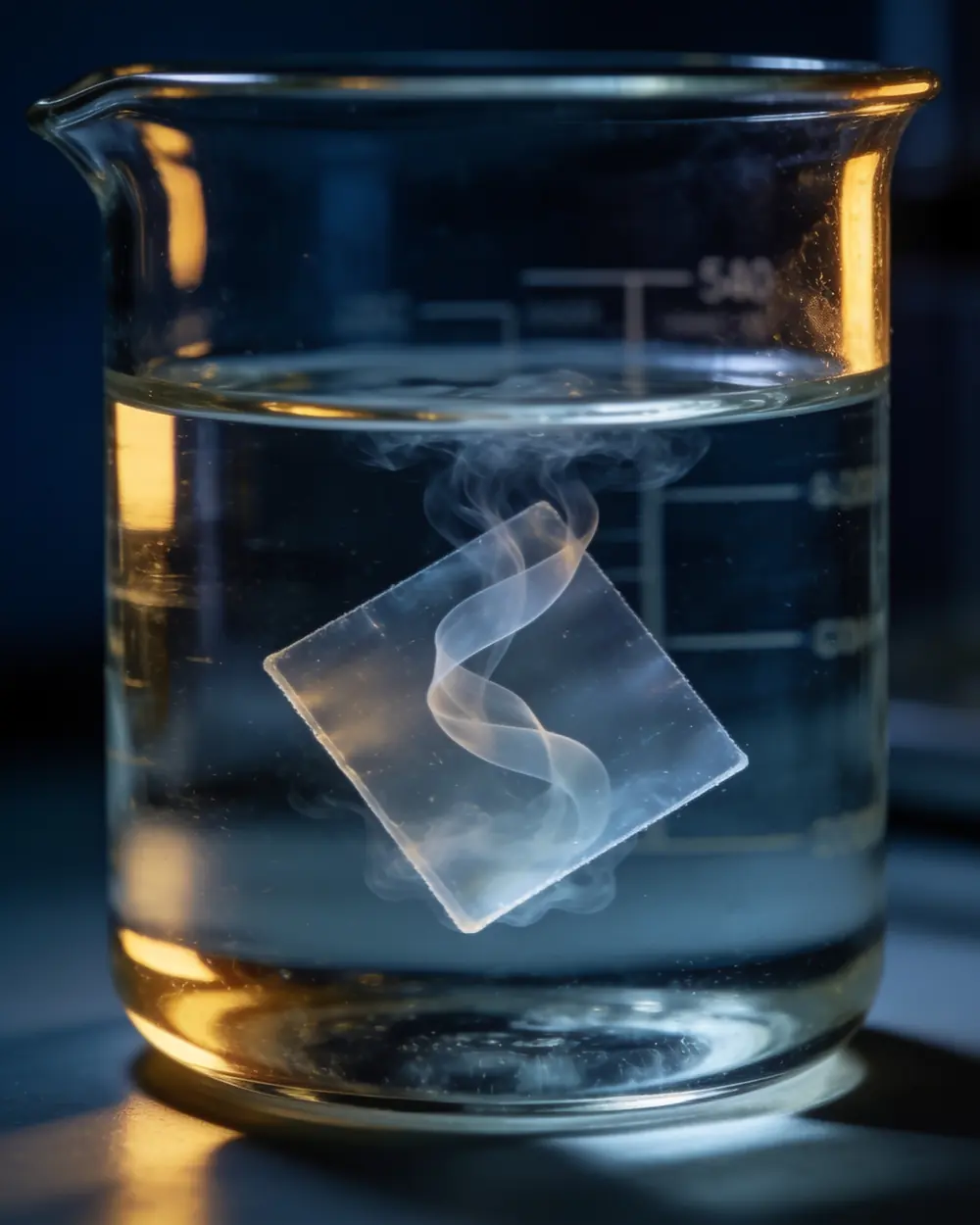 A square of film dissolving in a laboratory beaker of water