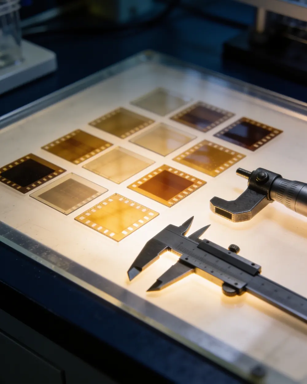 Film test samples on a light table beside calipers and a micrometer