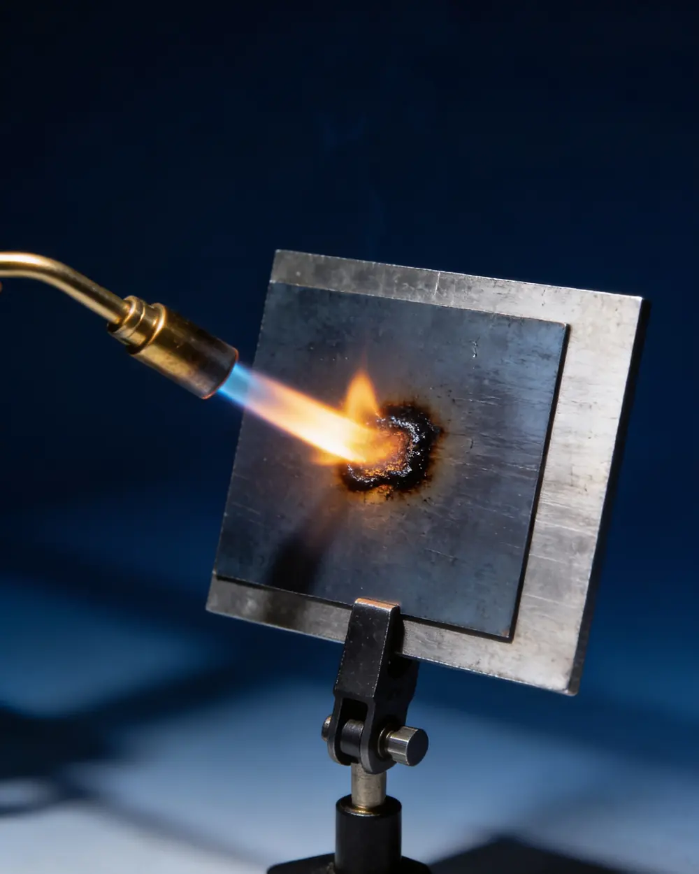 A torch flame against a coated steel test panel in a burn test