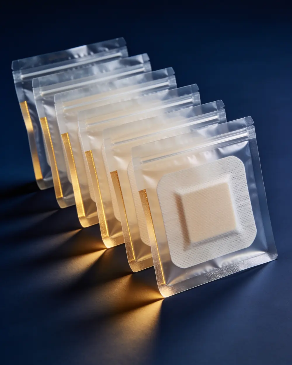 Sterile polymer dressing films sealed in transparent medical pouches
