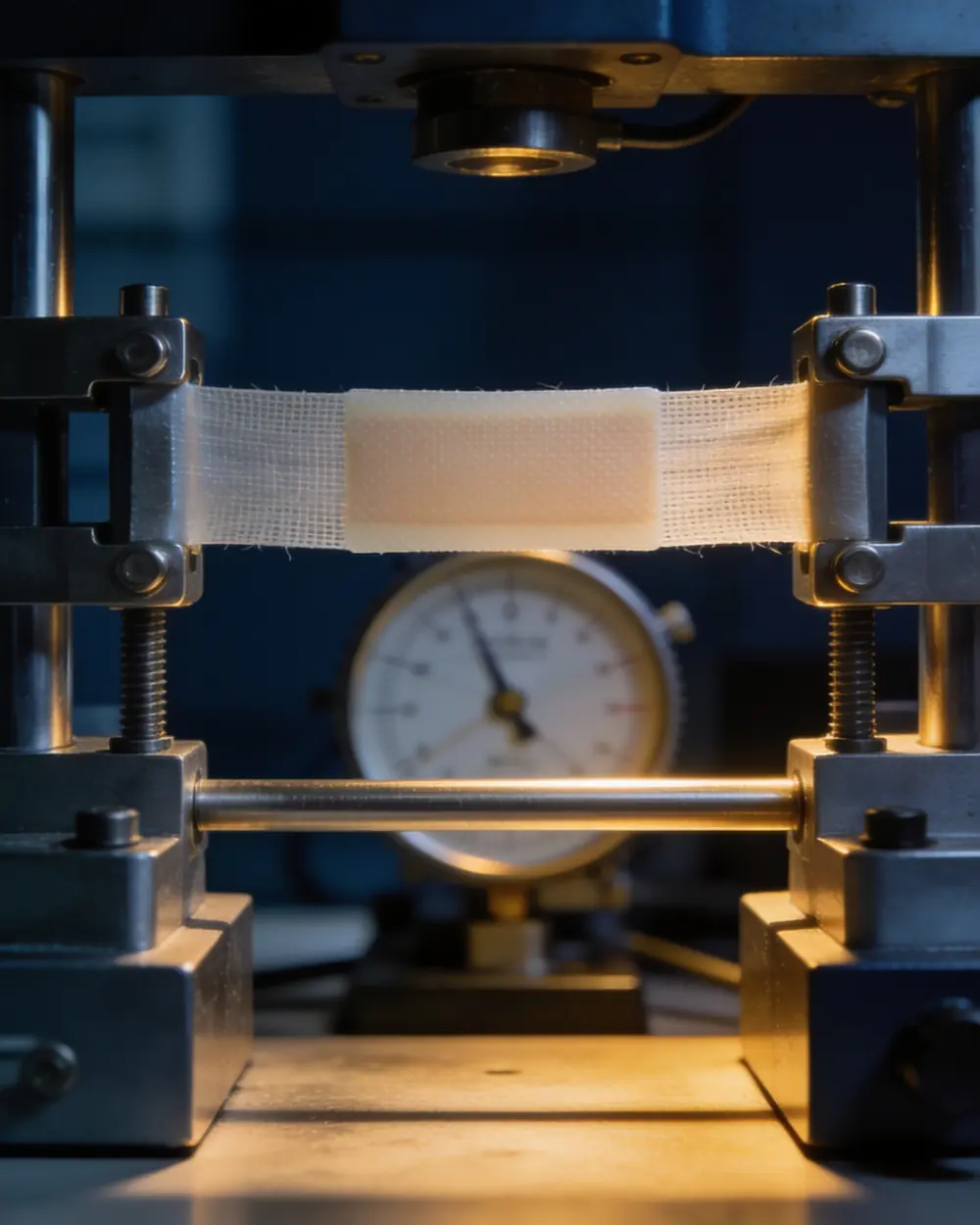 A dressing sample clamped in a benchtop tensile testing rig