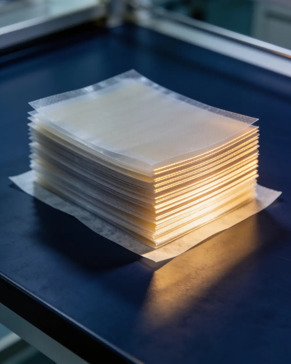 A stack of translucent dressing sheets interleaved with release liner
