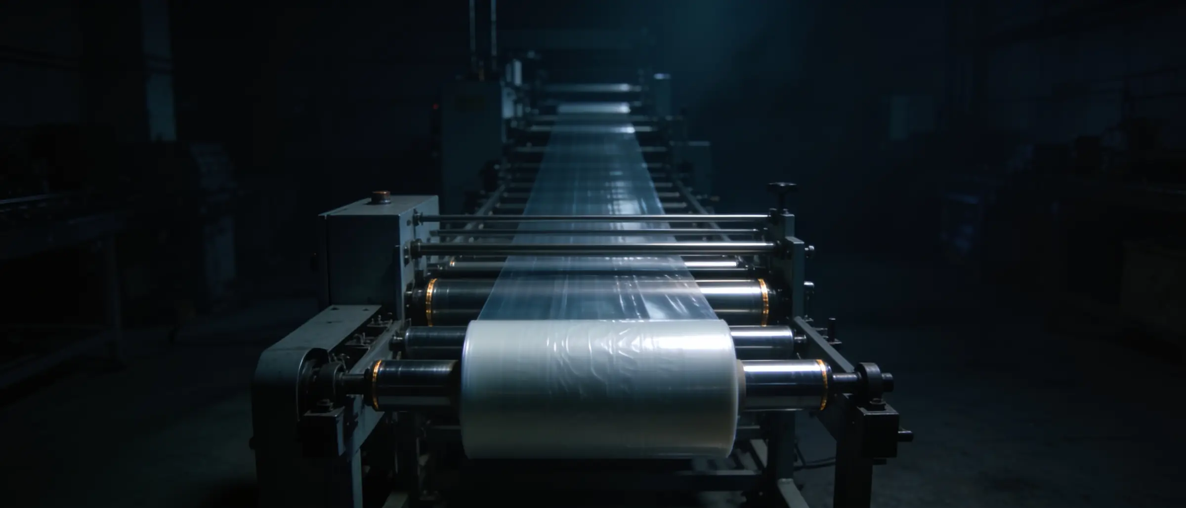A polymer film web threaded through the rollers of a packaging line