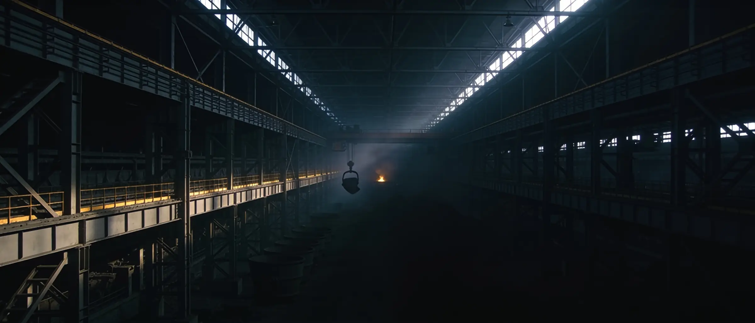 The interior of a steel mill, coated structural steelwork receding into the dark