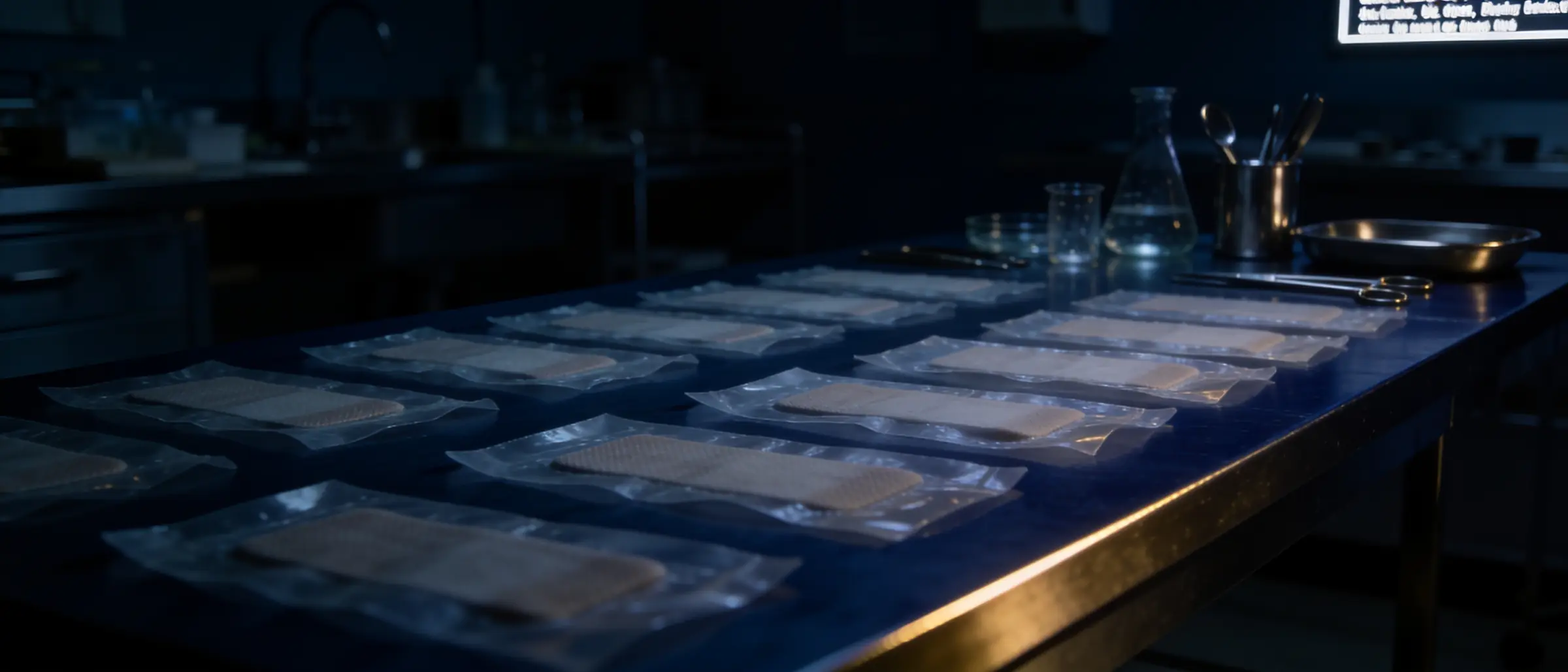 A sterile polymer laboratory bench laid out with dressing films and instruments